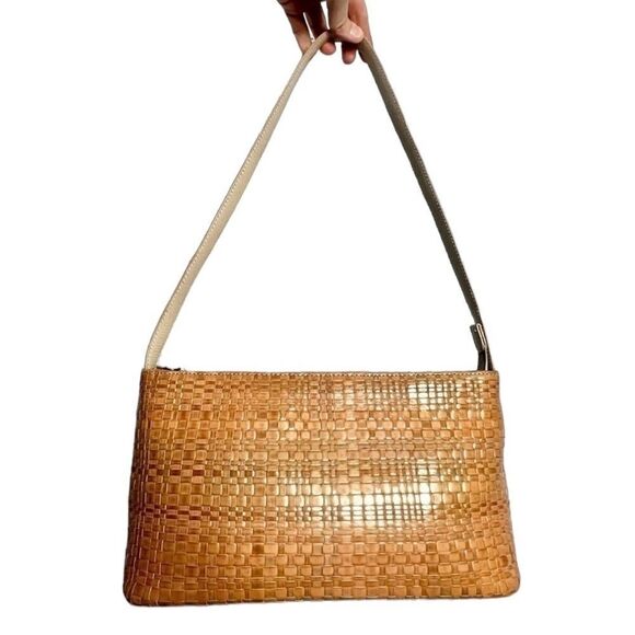 Fossil vintage tan leather woven basketweave shoulder bag structured - Picture 3 of 13